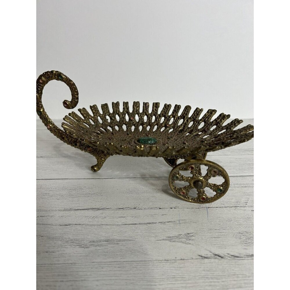 JERUSALEM Israel 1950s Ornate Brass Metal Moving Wheels Cart Basket